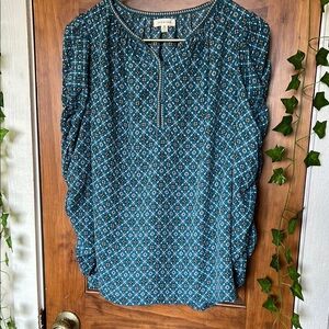 Boho Medallion Patterned Ruffled Sleeve Blouse in Teal | M